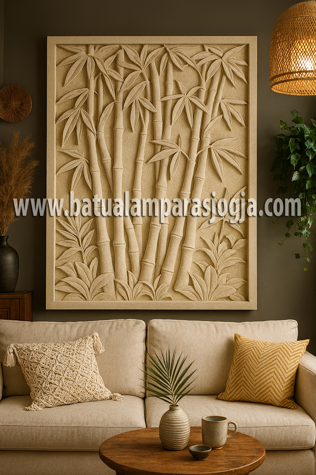 Relief Batu Putih – Motif Bambu untuk Ruang Tamu