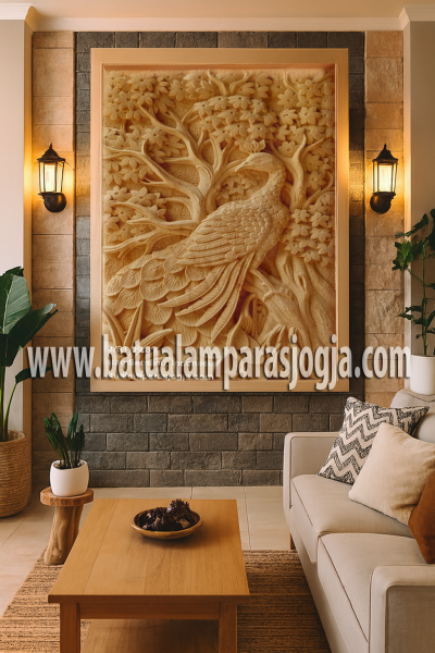 Relief Batu Paras Motif Burung Merak di Ruang Tamu