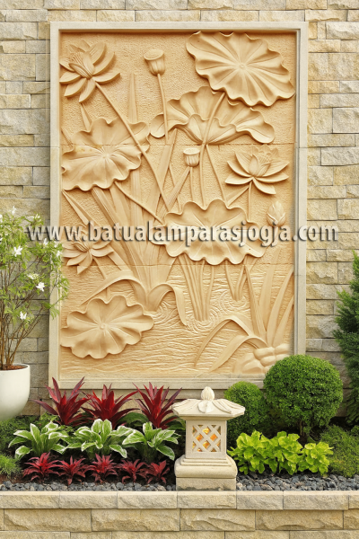 Relief Batu Alam Motif Bunga teratai dan batu tempel Limestone