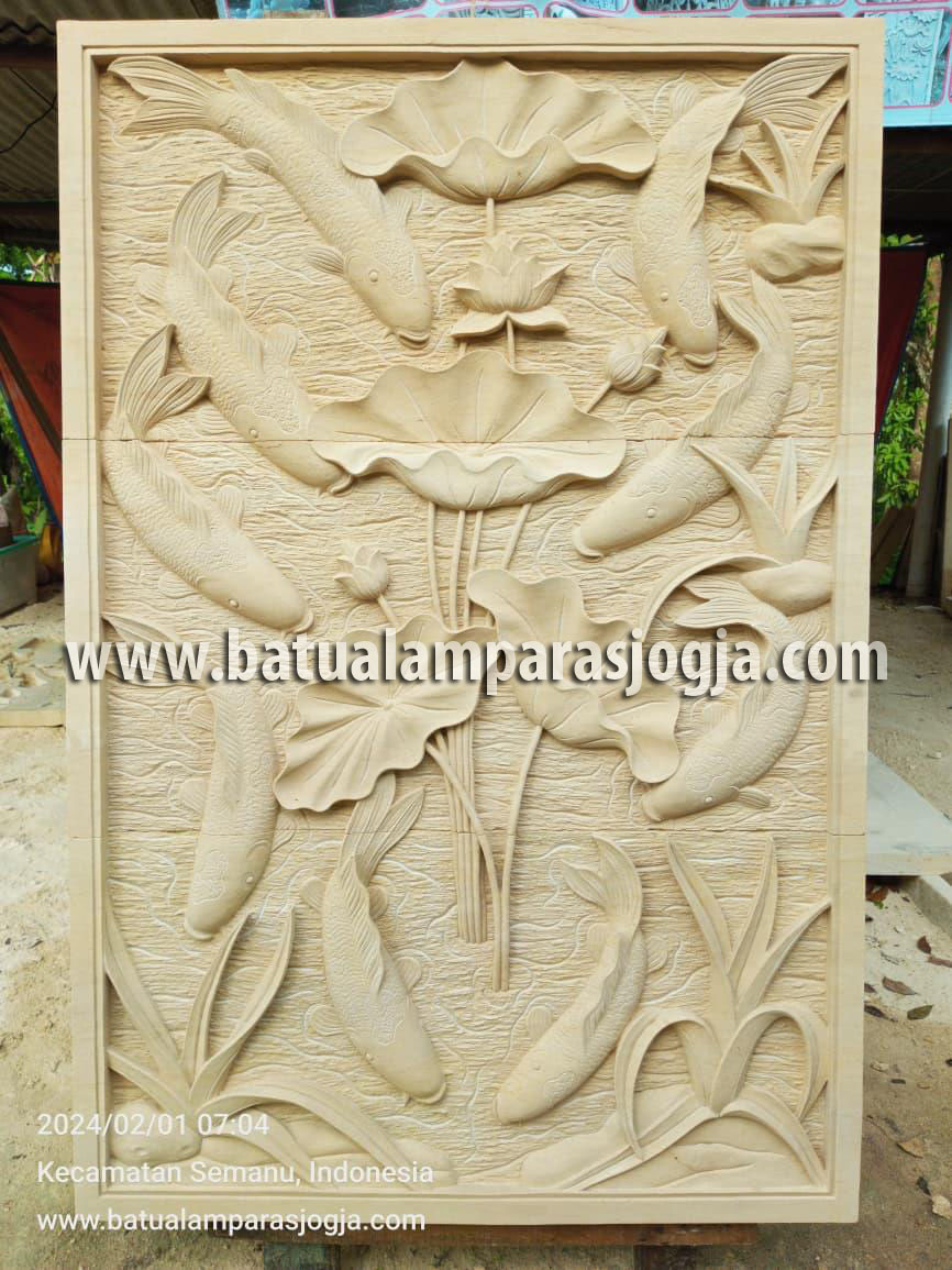 Kerajinan ukir Relief batu paras putih Motif 9 ikan Koi - Gambar 2
